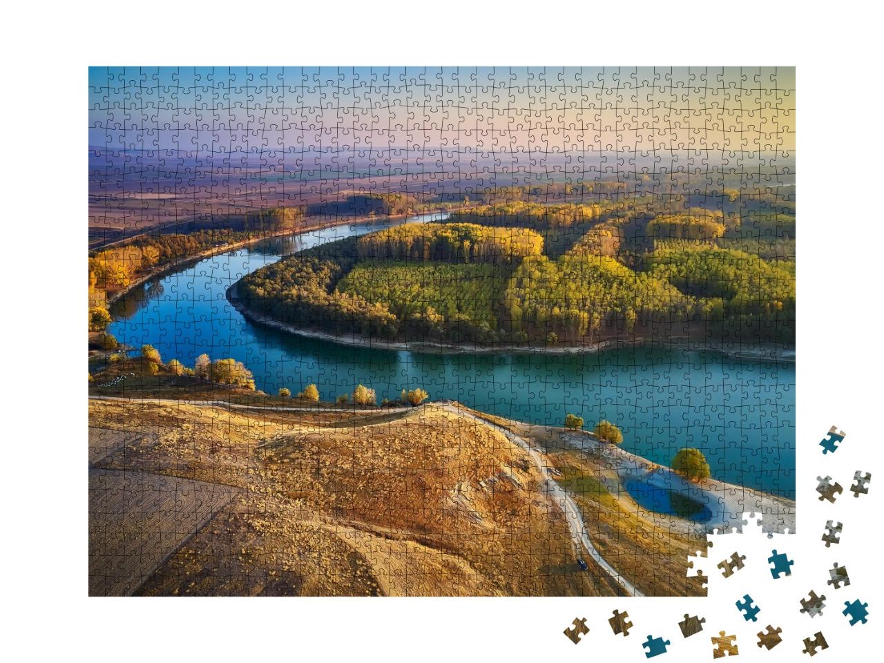 Puzzle de 1000 pièces « Vue aérienne des rives du Danube, Dobrogea, Roumanie »