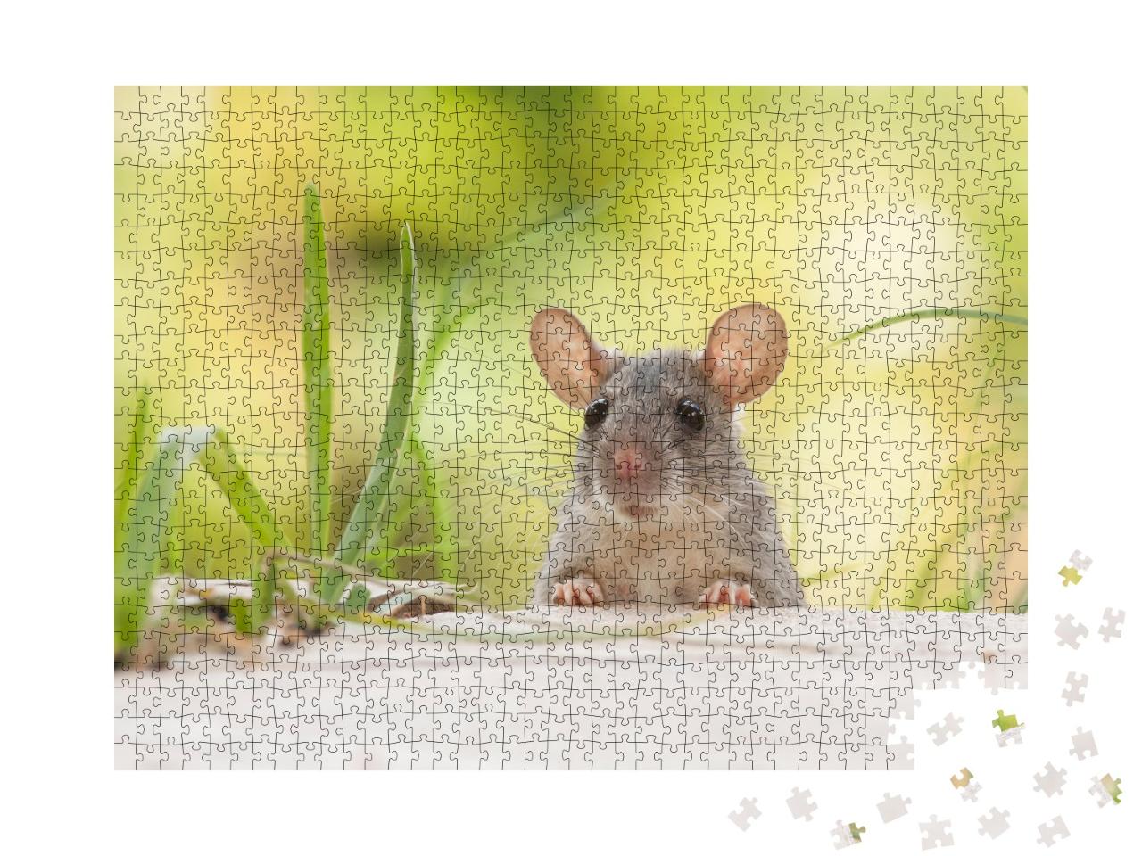 Puzzle de 1000 pièces « Rat avec grandes oreilles à l'extérieur, cour, herbe verte »