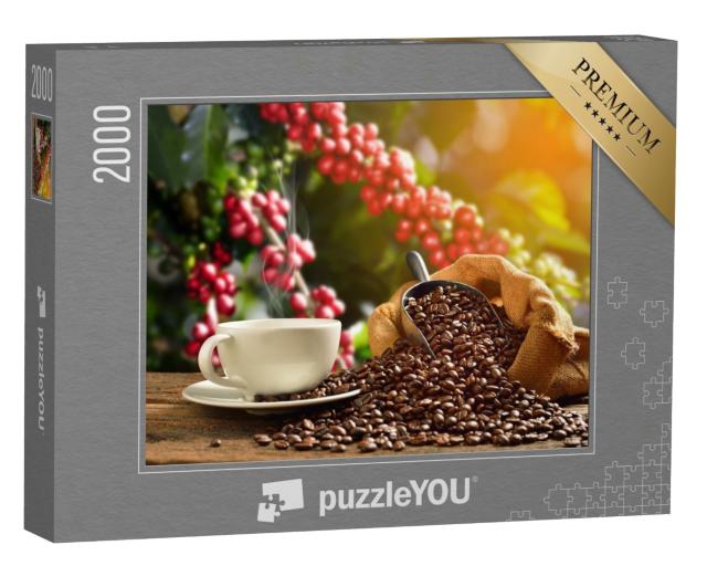 Puzzle de 2000 pièces « Tasse de café fumant avec des grains de café »