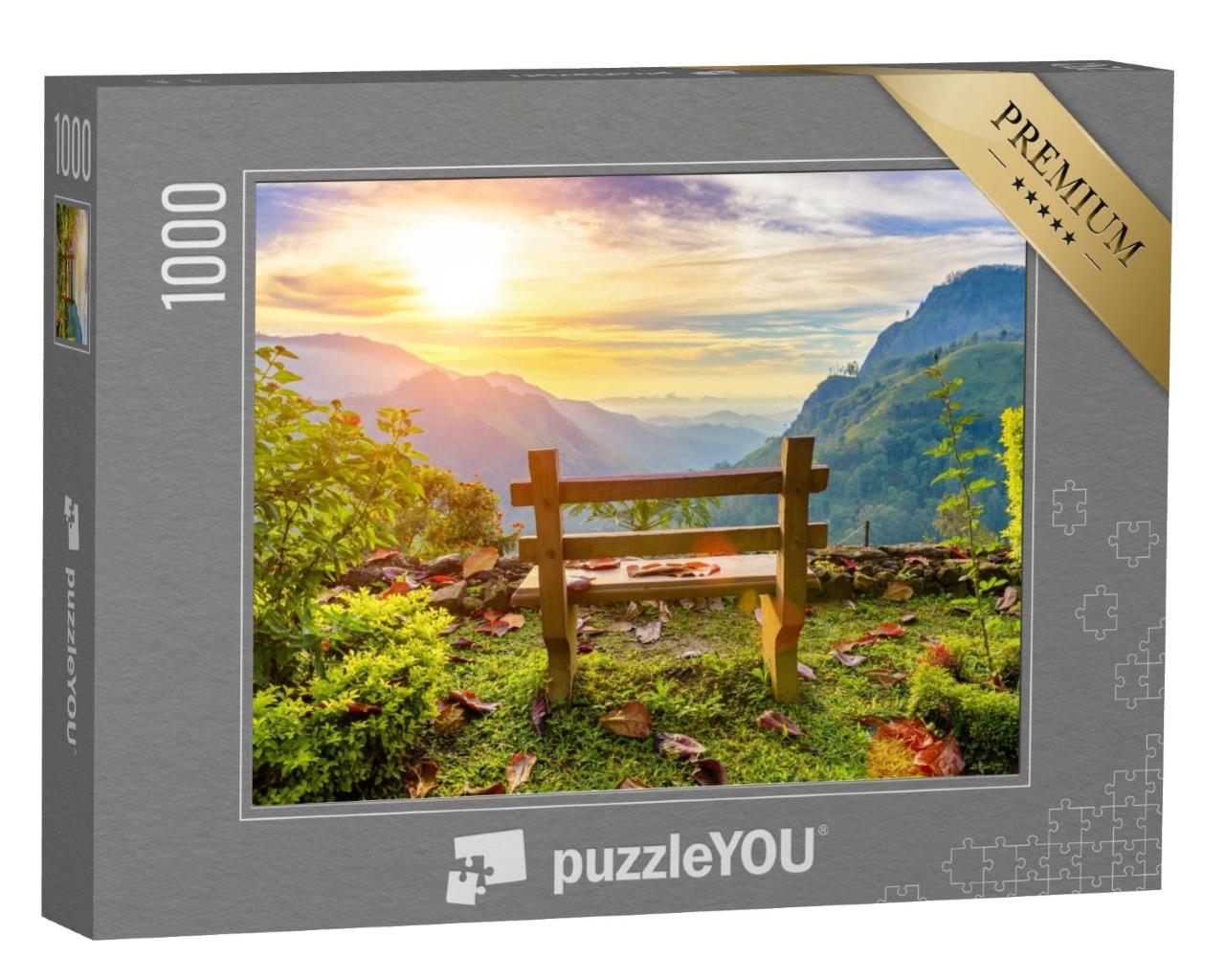 Puzzle de 1000 pièces « Un banc avec vue sur la belle vallée de montagne à l'aube, Ella, Sri Lanka »