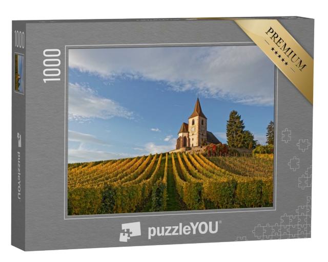 Puzzle de 1000 pièces « Église du village alsacien de Hunawihr, entourée de vignobles, avec de belles couleurs jaunes d'automne »