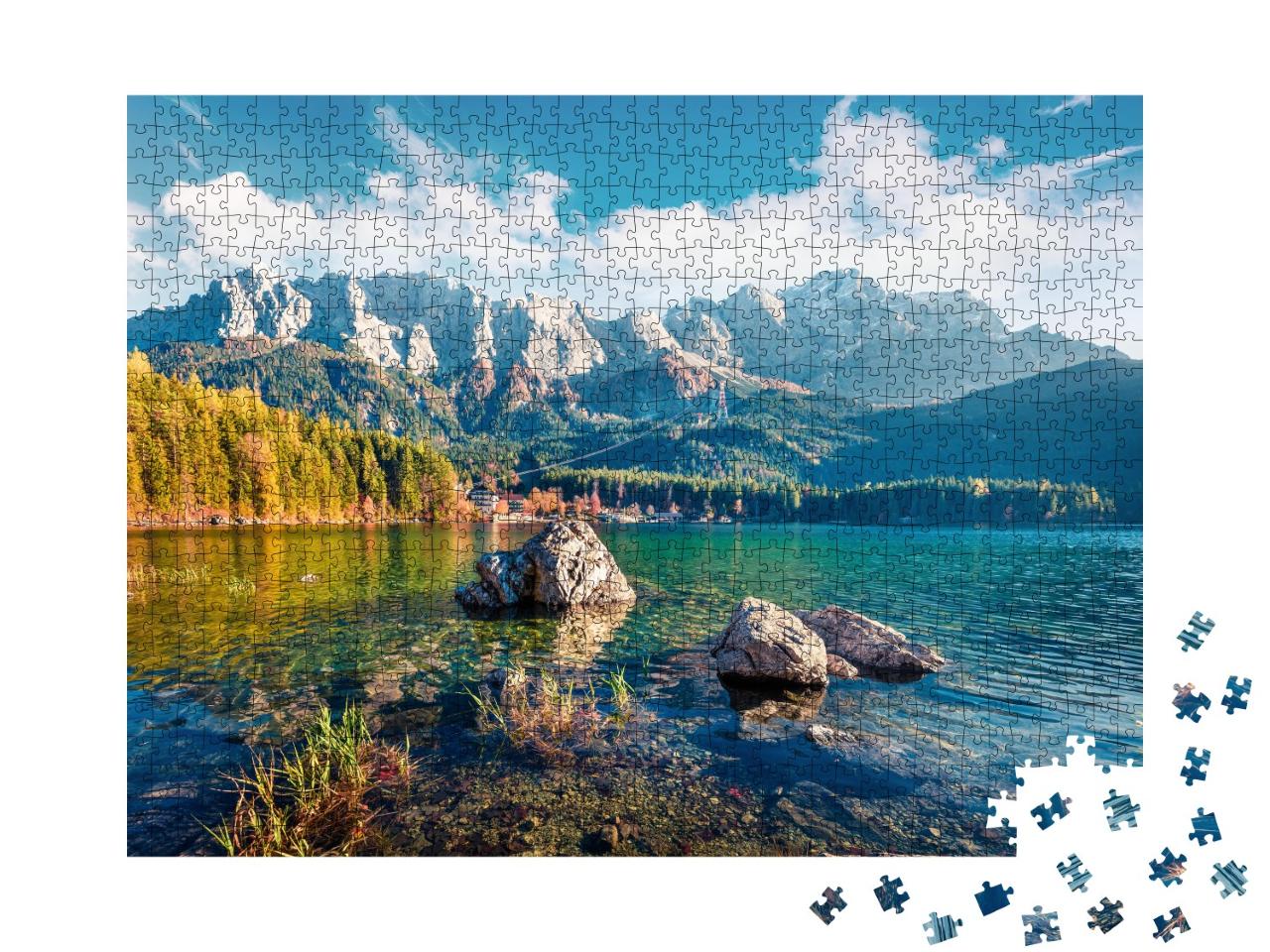 Puzzle de 1000 pièces « Soirée ensoleillée au lac Eibsee dans les Alpes bavaroises »