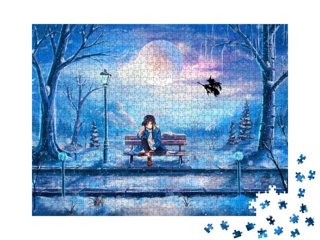 Puzzle de 1000 pièces « Une fille de l'anime est assise dans un parc »