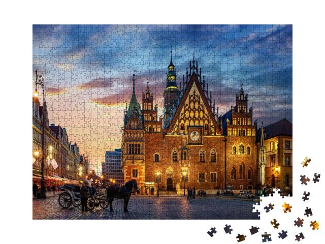 Puzzle de 1000 pièces « Place du marché avec maisons anciennes, hôtel de ville et coucher de soleil, Wroclaw, Pologne »