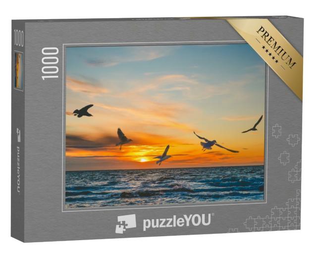 Puzzle de 1000 pièces « Mouettes en vol au coucher du soleil sur la mer »
