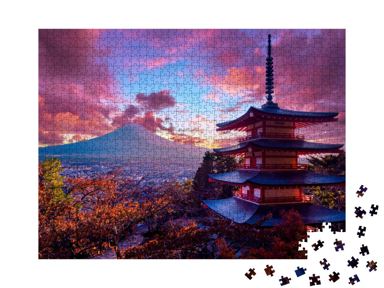 Puzzle de 1000 pièces « Magnifique coucher de soleil, pagode Chureito et Mont Fuji, Japon »