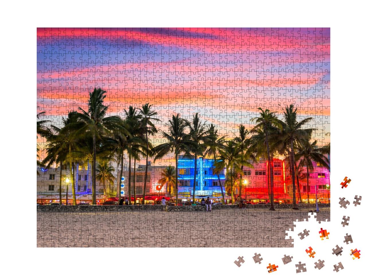Puzzle de 1000 pièces « Ocean Drive au coucher du soleil, Miami Beach, Floride, États-Unis »