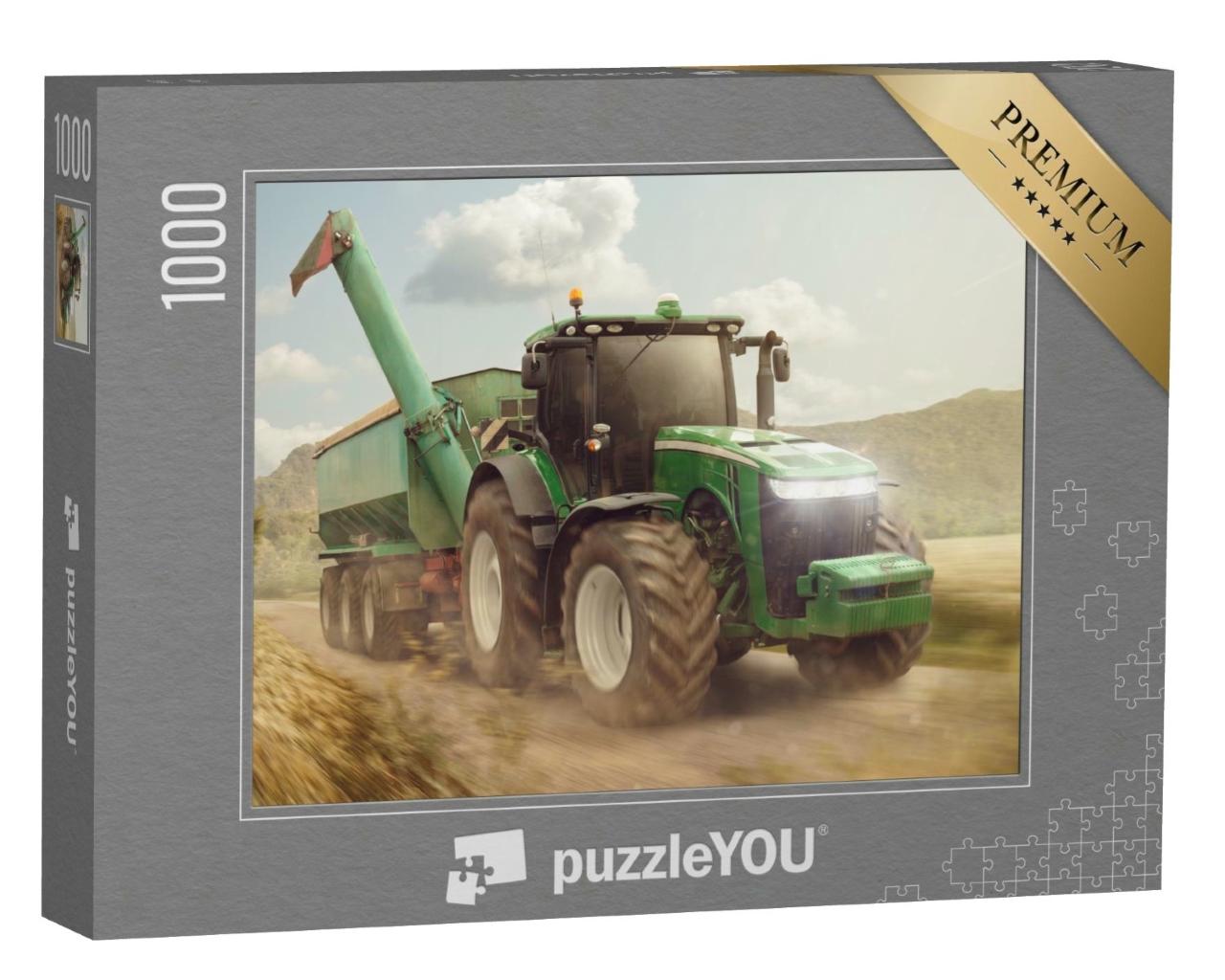 Puzzle de 1000 pièces « Tracteur avec remorque sur un chemin de terre »