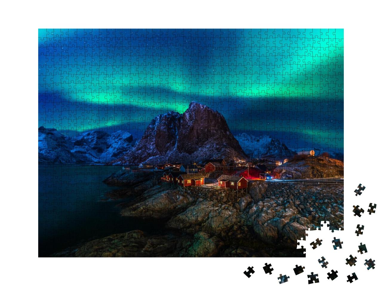 Puzzle de 1000 pièces « Aurores boréales dans un petit village de pêcheurs en Norvège »