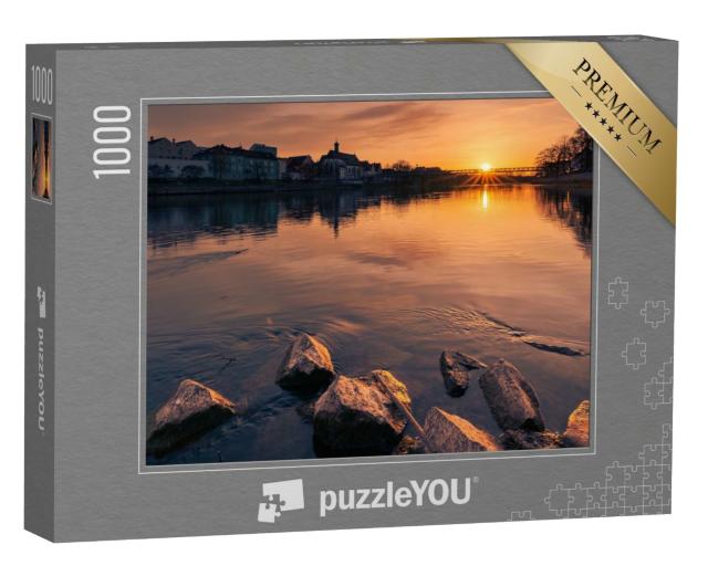 Puzzle de 1000 pièces « Panorama du coucher de soleil à Regensburg, Bavière »