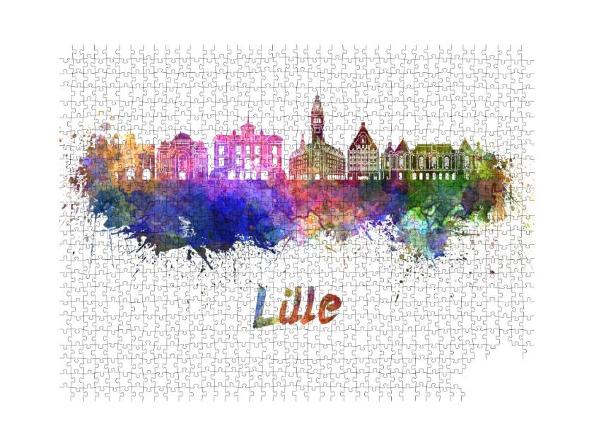Puzzle de 1000 pièces « Skyline de Lille en éclaboussures d'aquarelle avec sentier de circoncision »