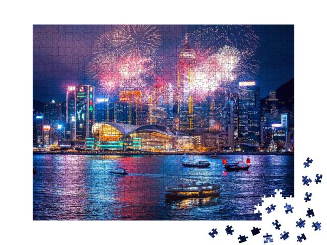 Puzzle de 1000 pièces « Feux d'artifice dans le port Victoria de Hong Kong »