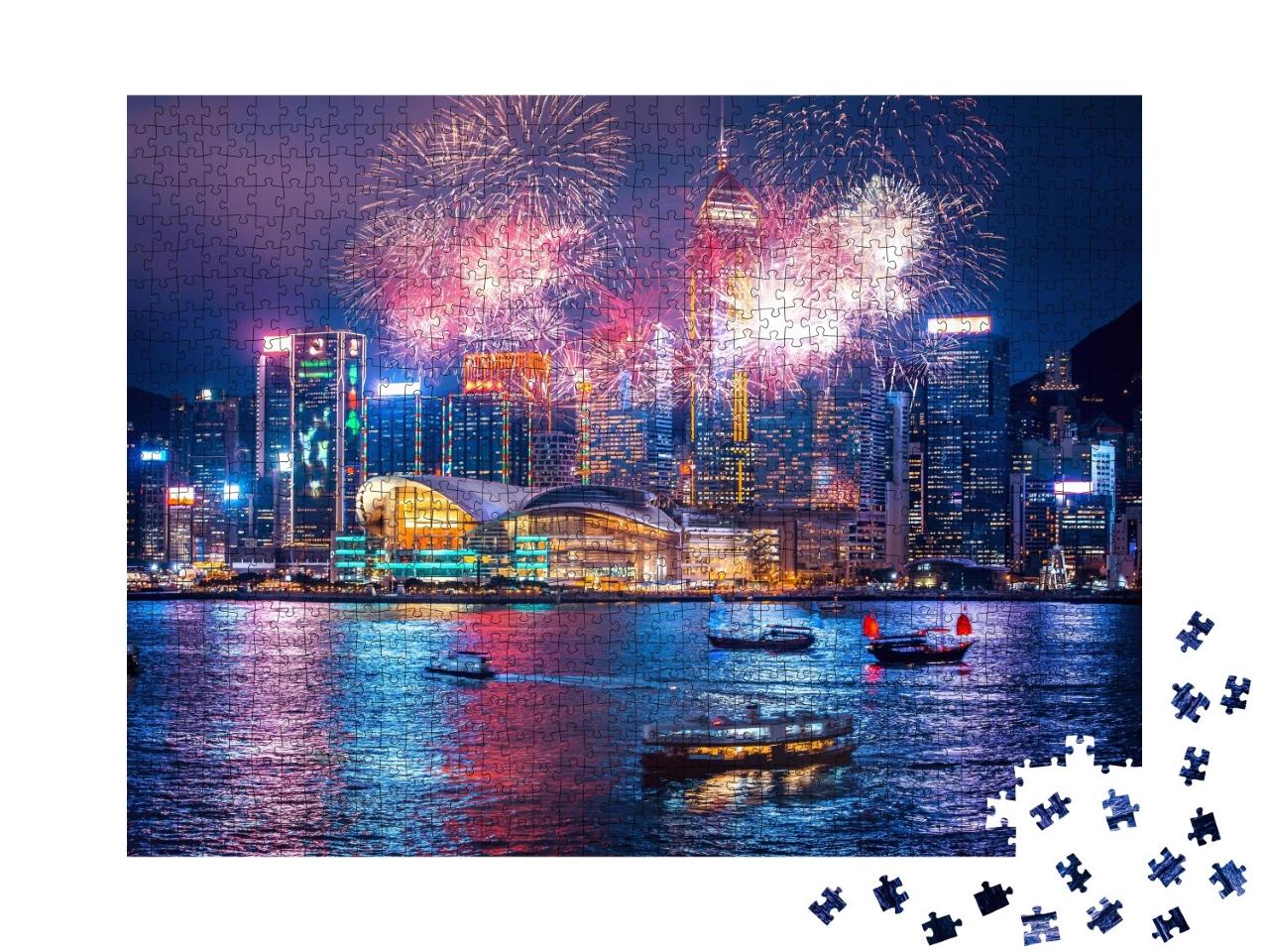 Puzzle de 1000 pièces « Feux d'artifice dans le port Victoria de Hong Kong »