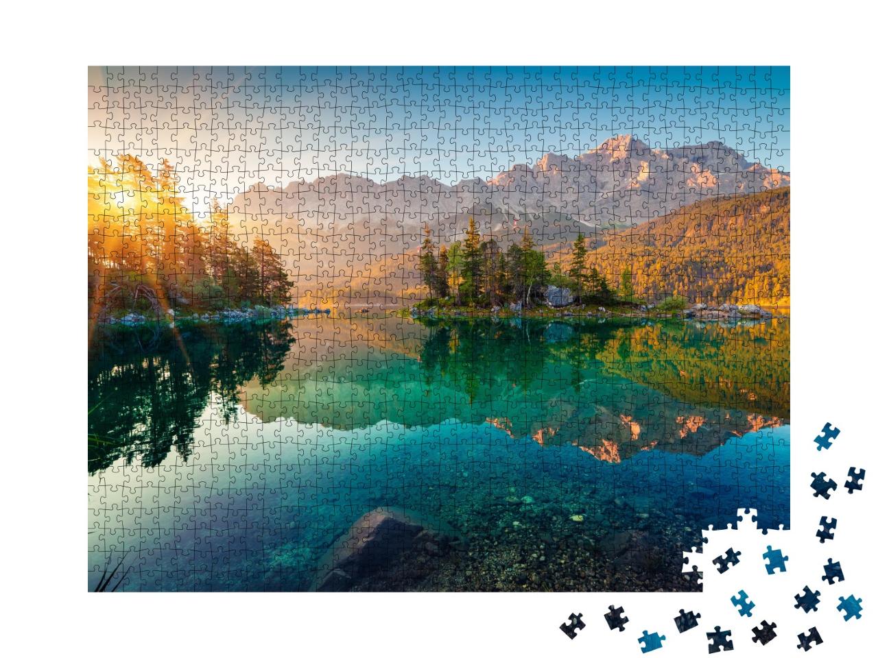 Puzzle de 1000 pièces « Lever de soleil estival sur l'Eibsee avec la Zugspitze »