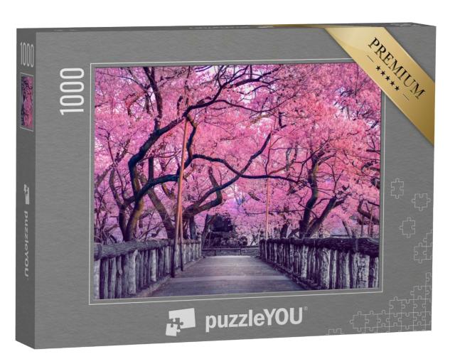 Puzzle de 1000 pièces « Cerisiers en fleurs au-dessus d'un vieux pont en bois, Japon »