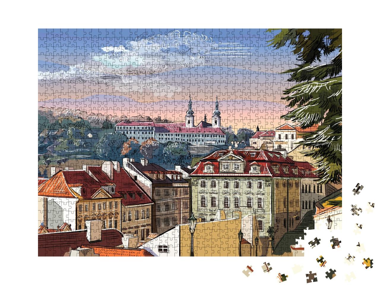 Puzzle de 1000 pièces « Vue panoramique de Prague avec dessin vectoriel à la main, République tchèque »
