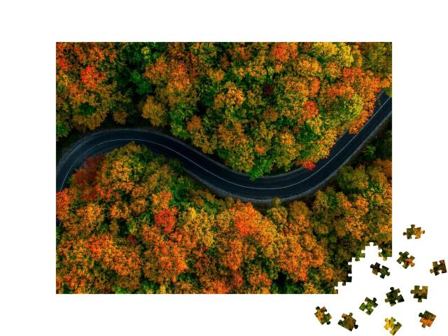 Puzzle de 500 pièces « Vue aérienne : une route sinueuse dans une épaisse forêt d'automne »