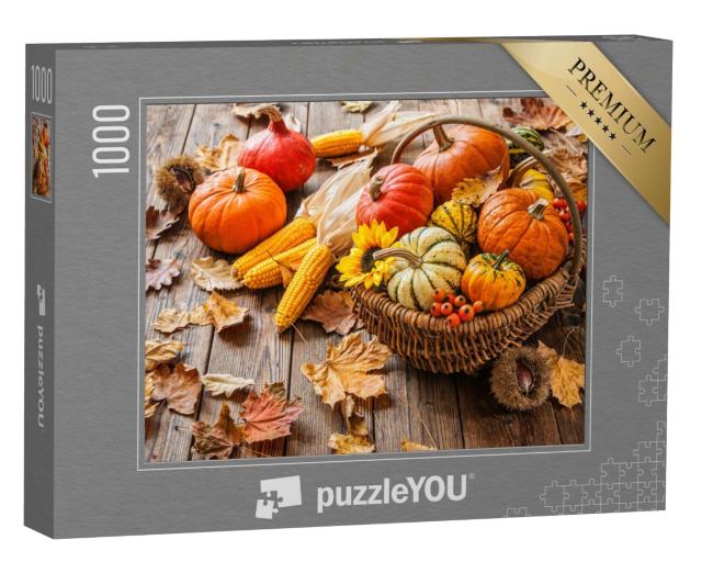 Puzzle de 1000 pièces « Nature morte d'automne avec des citrouilles, des épis de maïs et des feuilles »