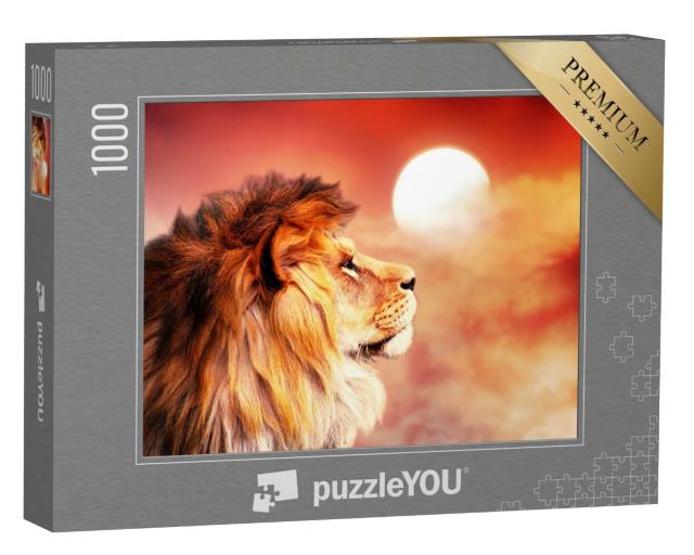Puzzle de 1000 pièces « Lion d'Afrique dans un coucher de soleil incandescent »