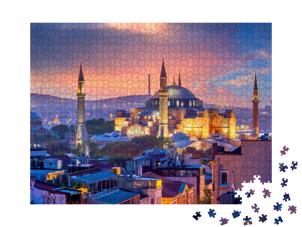 Puzzle de 1000 pièces « Coucher de soleil enchanteur : belle vue sur Sainte-Sophie à Istanbul, Turquie »