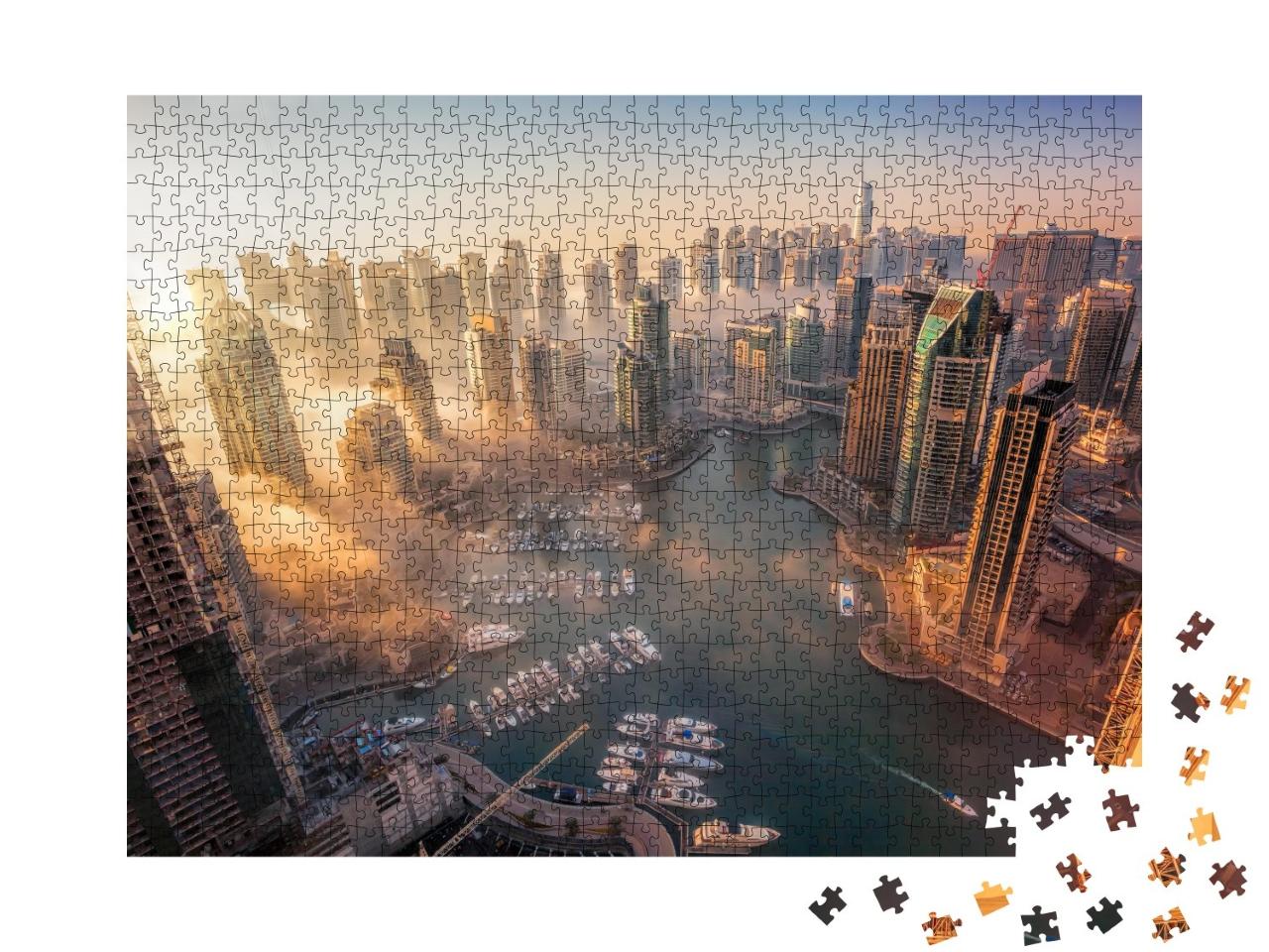 Puzzle de 1000 pièces « La marina de Dubaï et son coucher de soleil coloré »