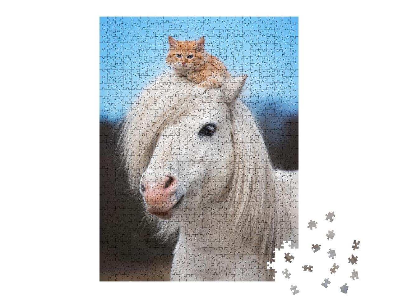 Puzzle de 1000 pièces « Petit chaton rouge sur la tête d'un poney shetland blanc »
