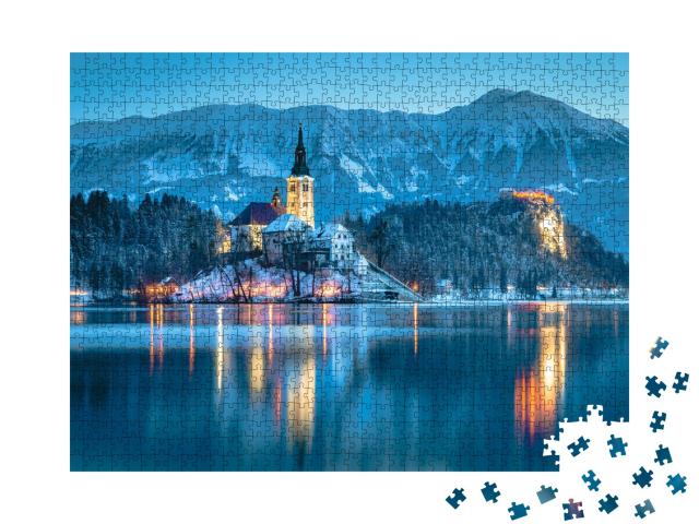 Puzzle de 1000 pièces « Vue sur le lac de Bled avec le château, Slovénie »