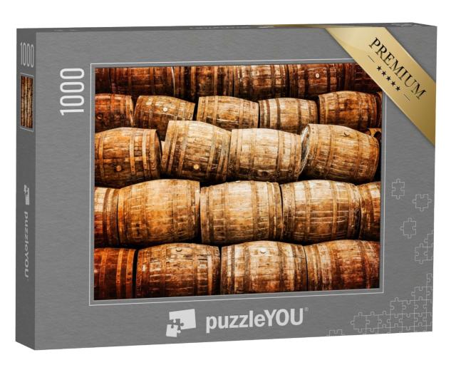 Puzzle de 1000 pièces « Pile de vieux fûts de whisky et de vin de style vintage »
