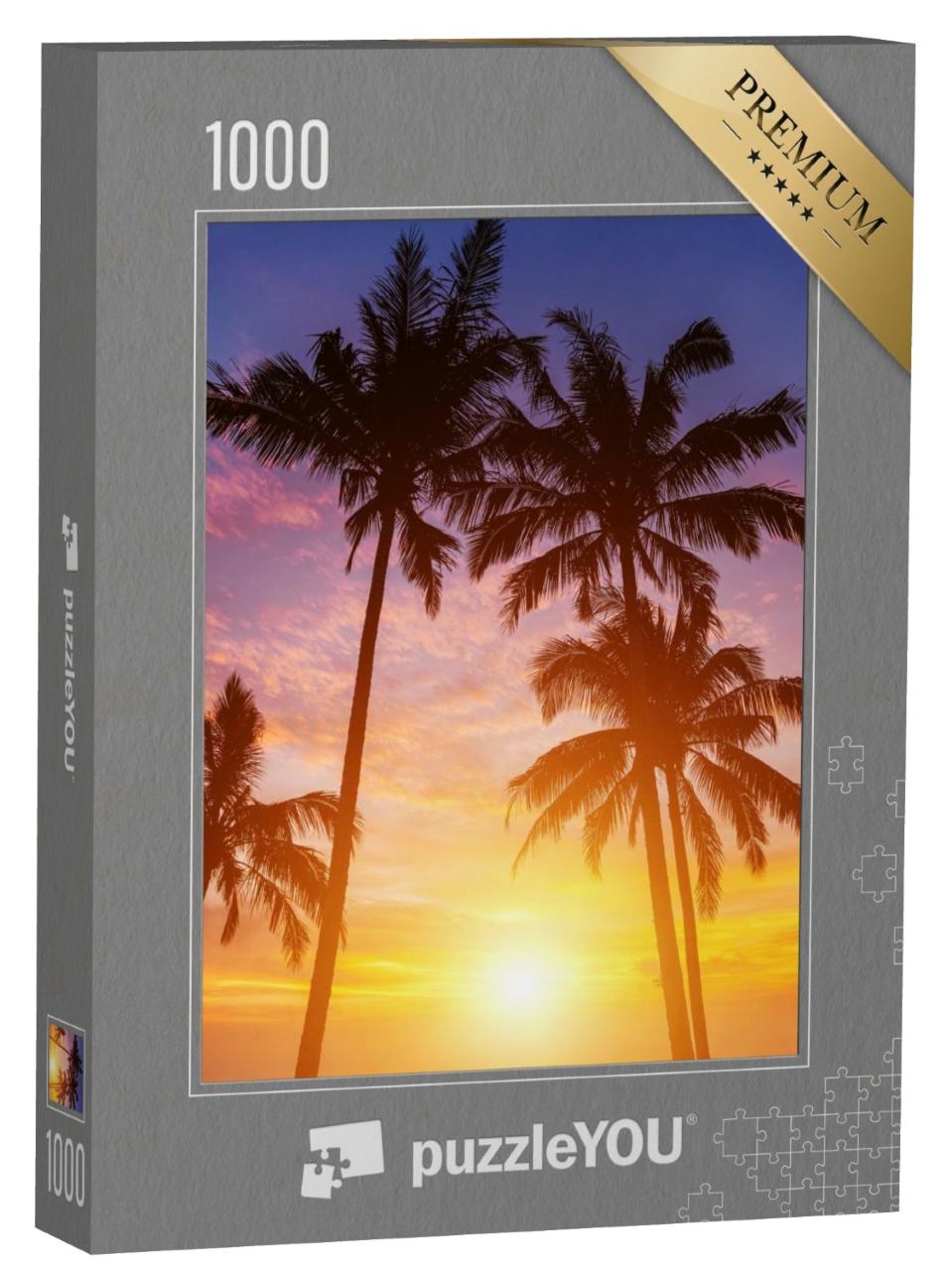 Puzzle de 1000 pièces « Coucher de soleil paradisiaque sur une plage de palmiers »