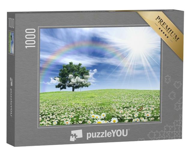Puzzle de 1000 pièces « Arc-en-ciel au-dessus d'une prairie printanière couverte de fleurs »
