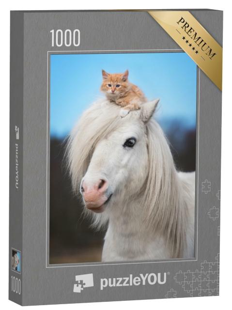 Puzzle de 1000 pièces « Petit chaton rouge sur la tête d'un poney shetland blanc »
