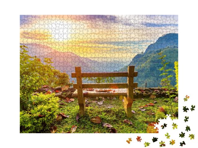 Puzzle de 1000 pièces « Un banc avec vue sur la belle vallée de montagne à l'aube, Ella, Sri Lanka »