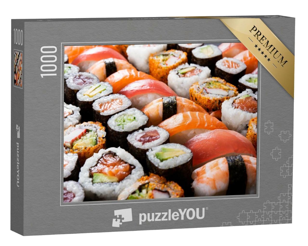 Puzzle de 1000 pièces « Sélection de sushis à base de makis et de rouleaux de thon »