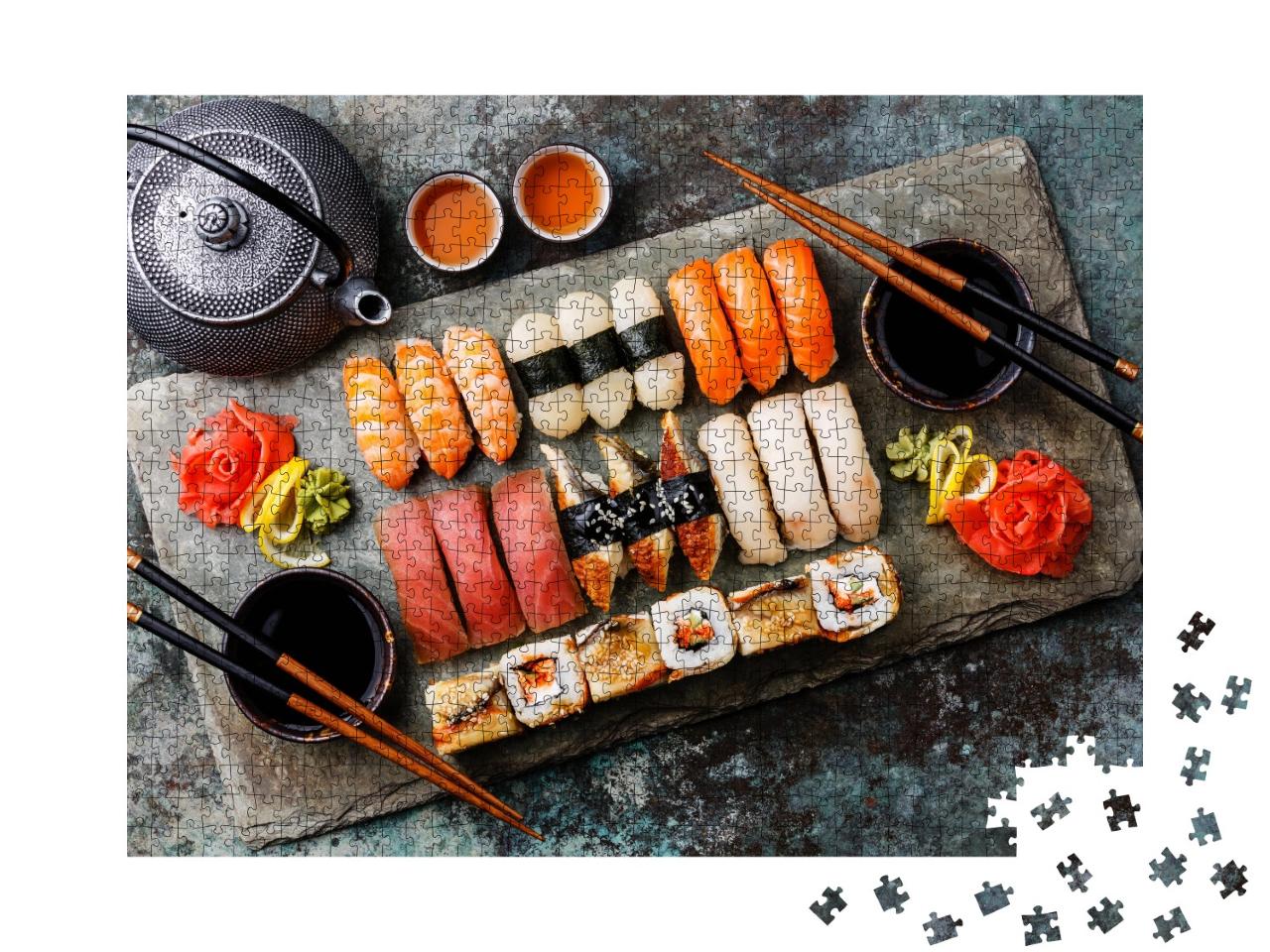 Puzzle de 1000 pièces « Set de sushi nigiri et rouleaux de sushi avec thé »