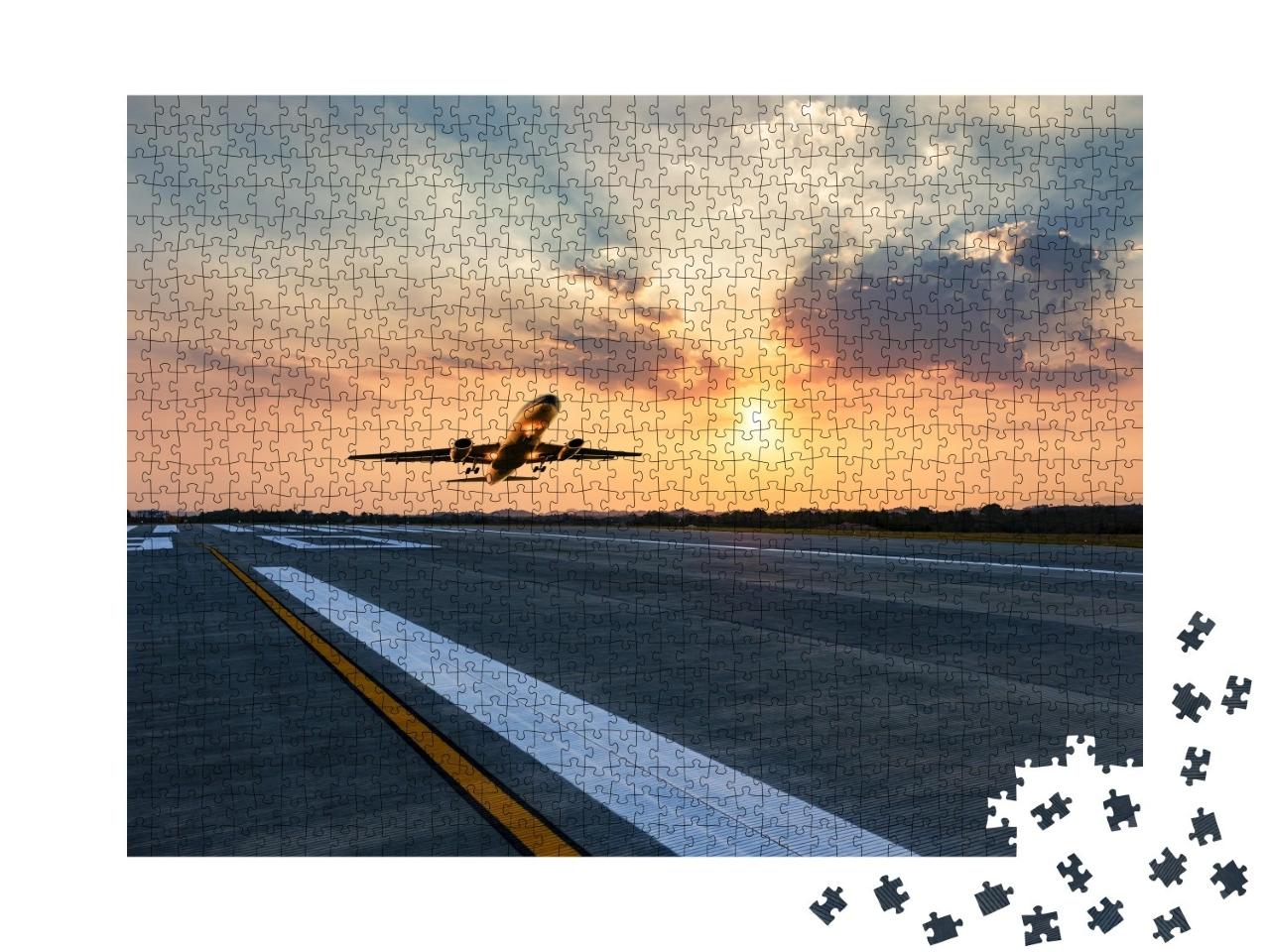 Puzzle de 1000 pièces « Décollage d'un avion de ligne dans le ciel du soir »