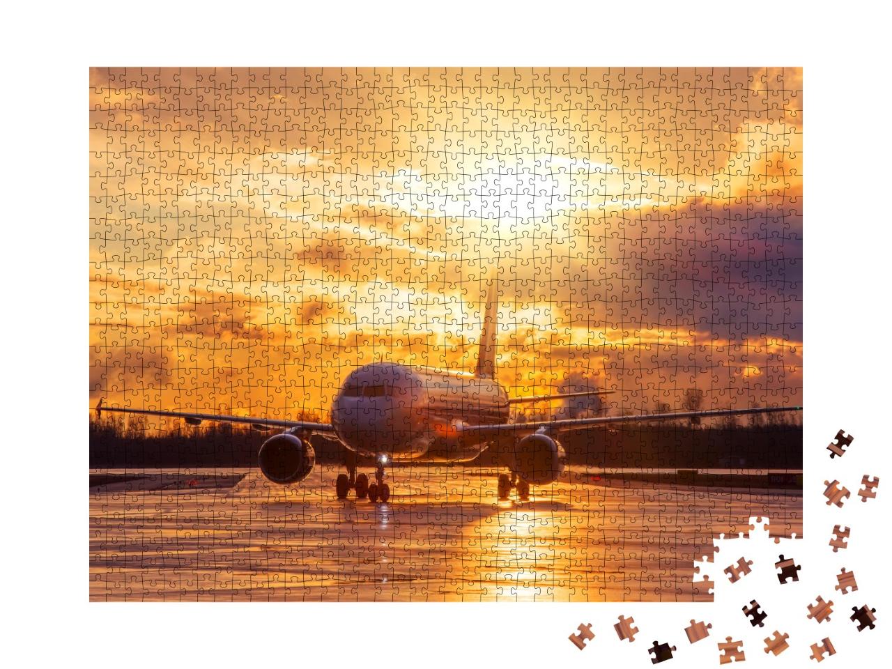 Puzzle de 1000 pièces « Avion sur la piste d'atterrissage dans un coucher de soleil incandescent »