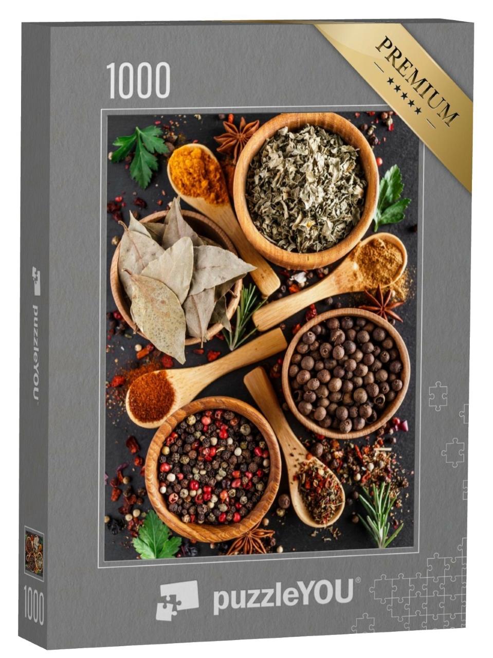 Puzzle de 1000 pièces « Différentes épices avec cuillère à épices en bois »