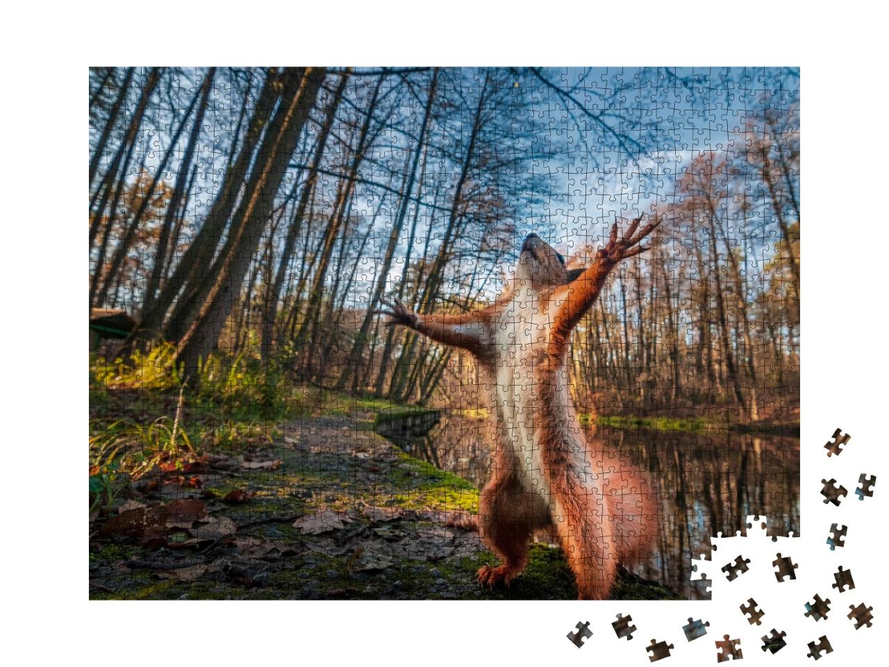 Puzzle de 1000 pièces « Un drôle d'écureuil rouge pose dans la forêt »