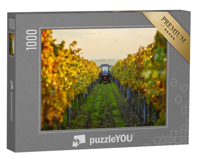 Puzzle de 1000 pièces « Rangées automnales de vignes avec un tracteur »