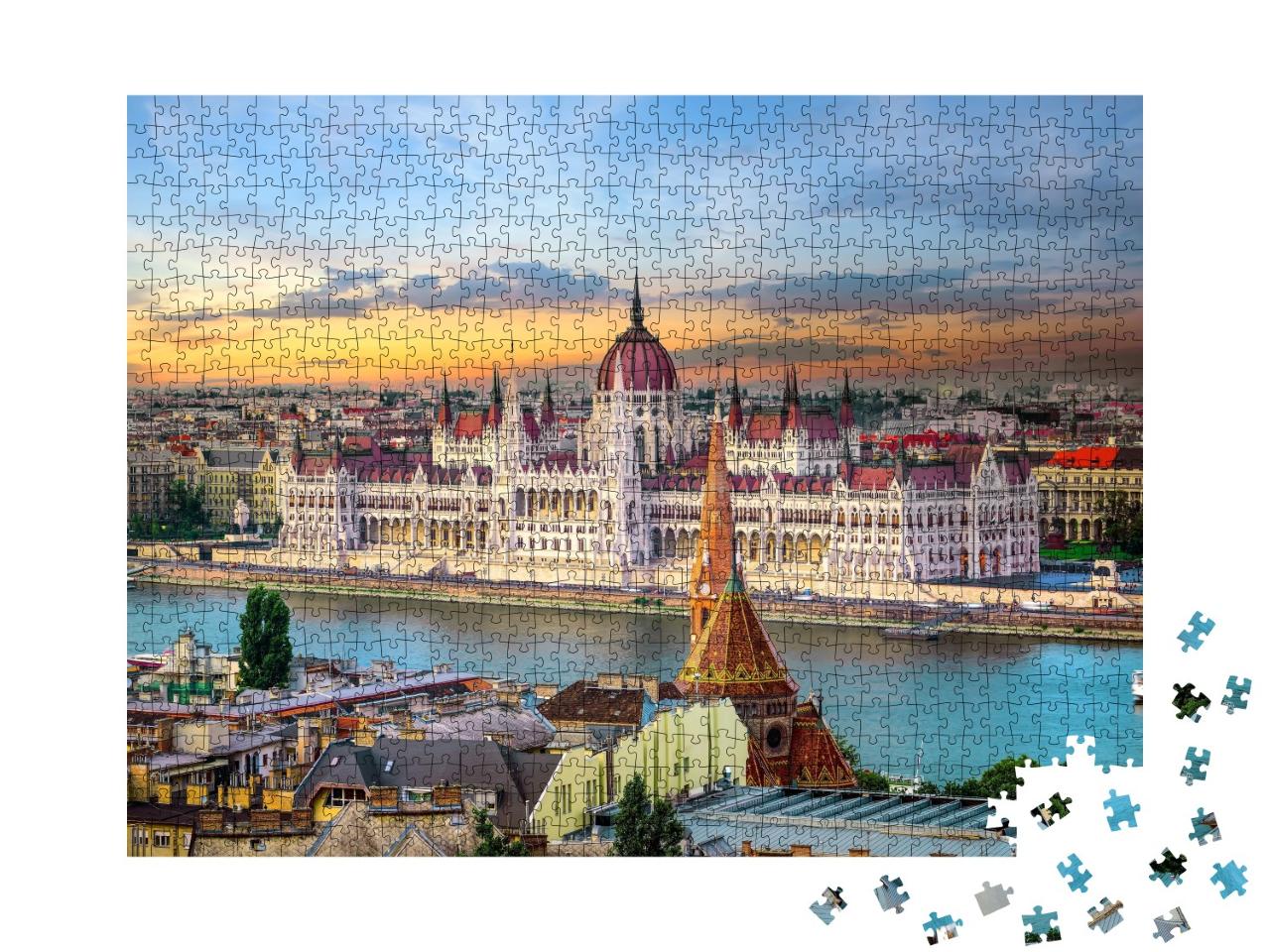 Puzzle de 1000 pièces « Coucher de soleil sur des monuments célèbres de Budapest »