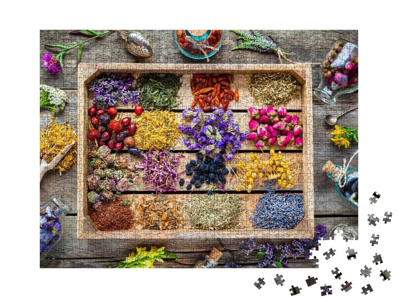 Puzzle de 1000 pièces « Coffret en bois avec des herbes médicinales de la phytothérapie »