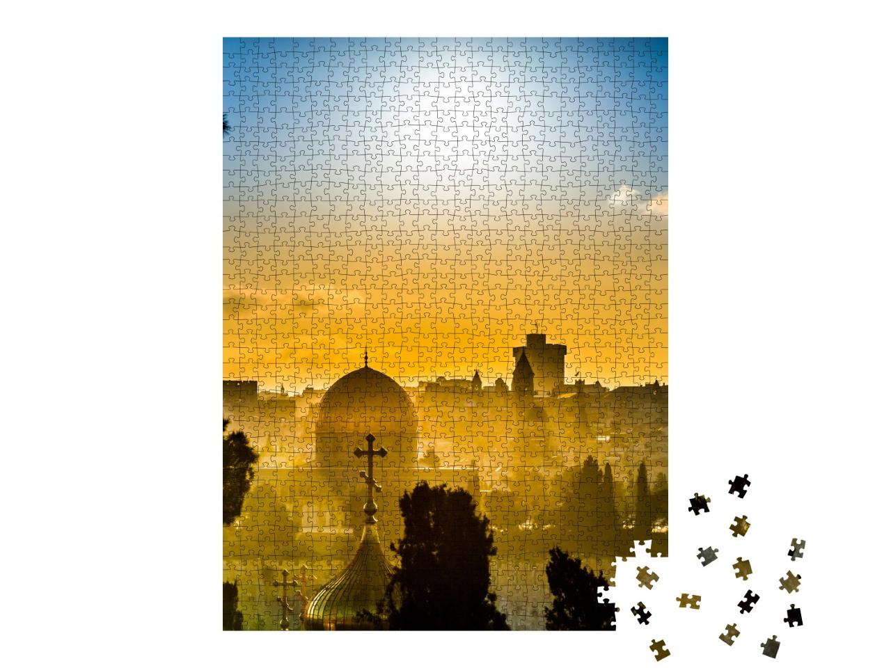 Puzzle de 1000 pièces « Les toits de Jérusalem dans la lumière dorée du coucher de soleil »