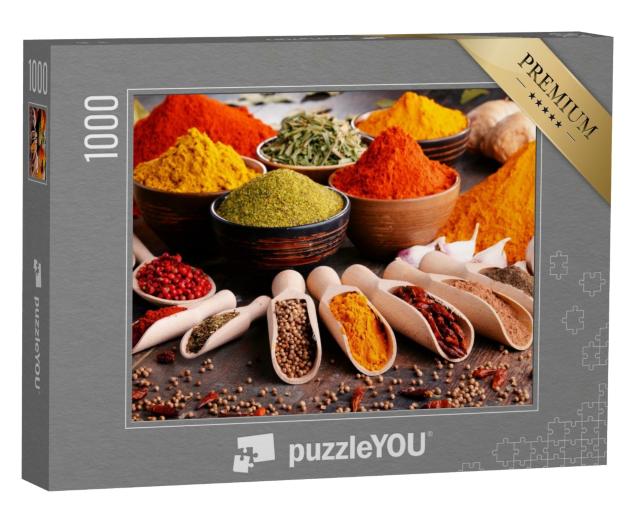 Puzzle de 1000 pièces « Une multitude d'épices et d'herbes aromatiques sur la table de la cuisine »