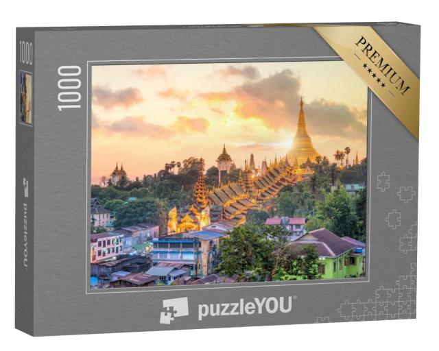 Puzzle de 1000 pièces « Coucher de soleil sur la ligne d'horizon de Yangon Pagode Shwedagon au Myanmar »