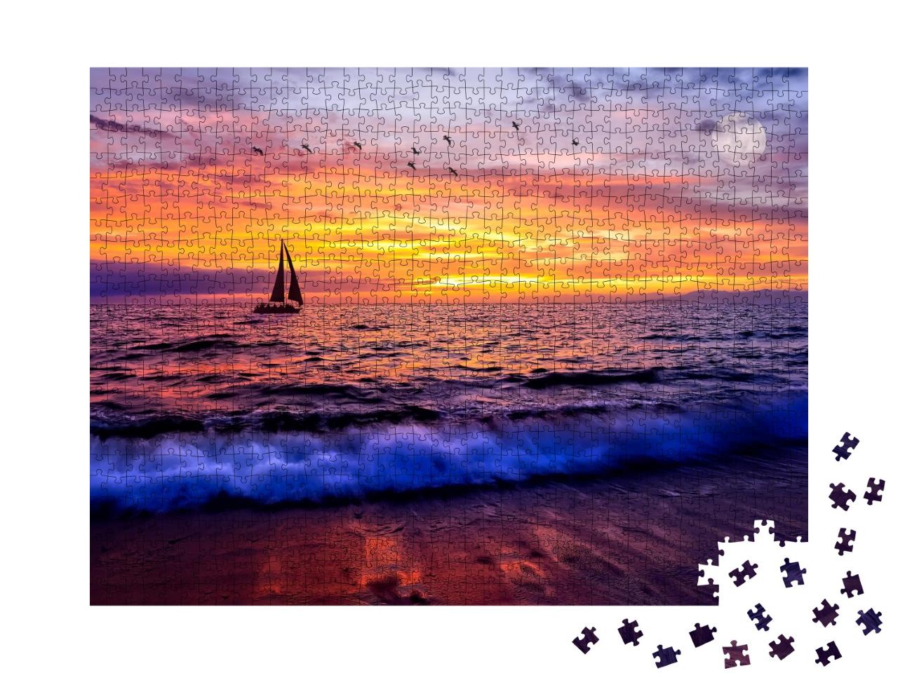 Puzzle de 1000 pièces « Coucher de soleil à la fois calme et intense à l'horizon de l'océan »