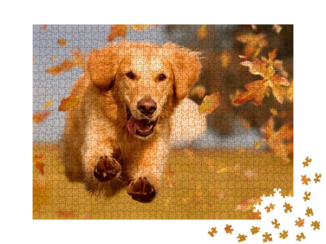 Puzzle de 1000 pièces « Golden Retriever s'ébattant dans les feuilles d'automne »