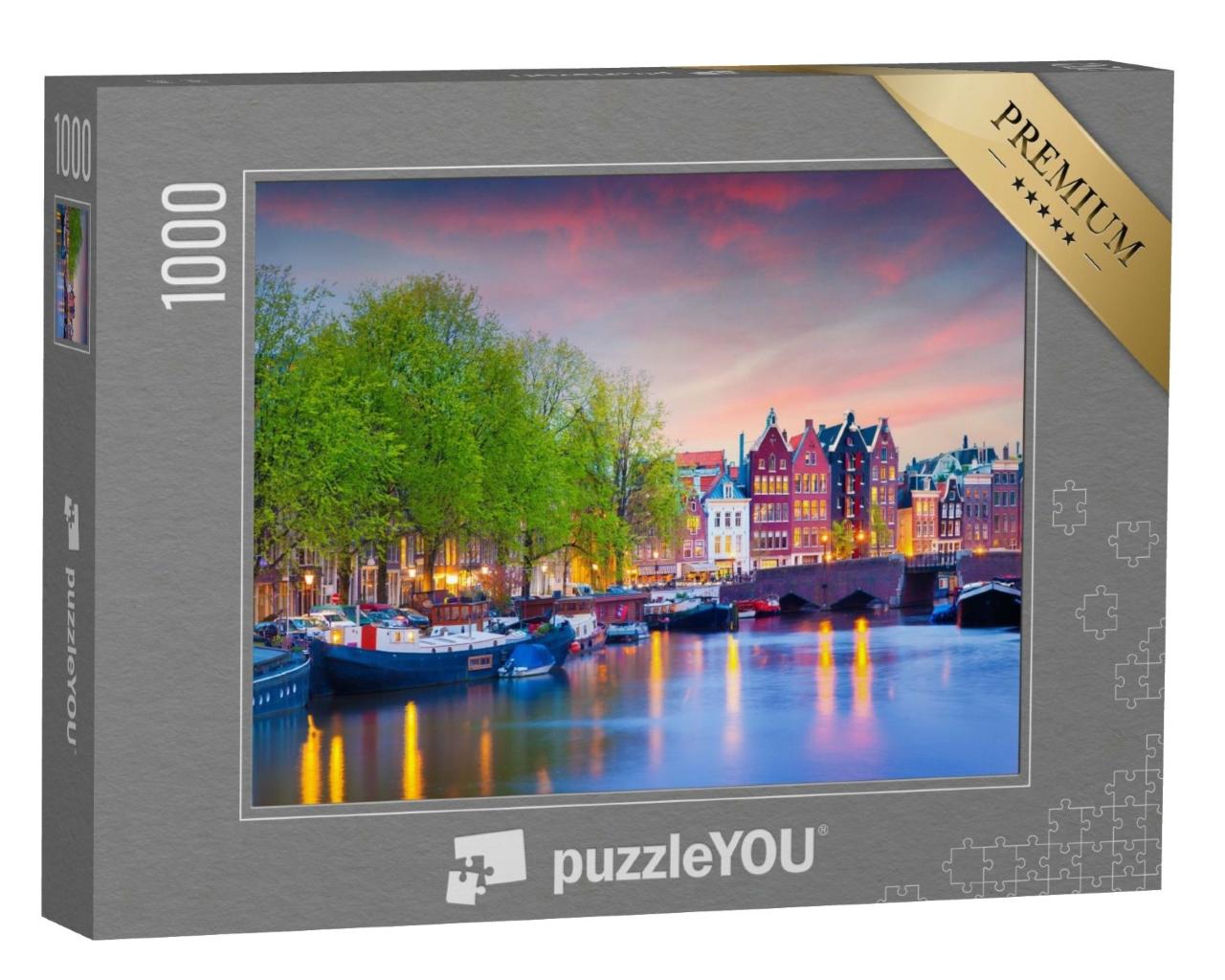 Puzzle de 1000 pièces « Coucher de soleil coloré sur les canaux d'Amsterdam, Pays-Bas »