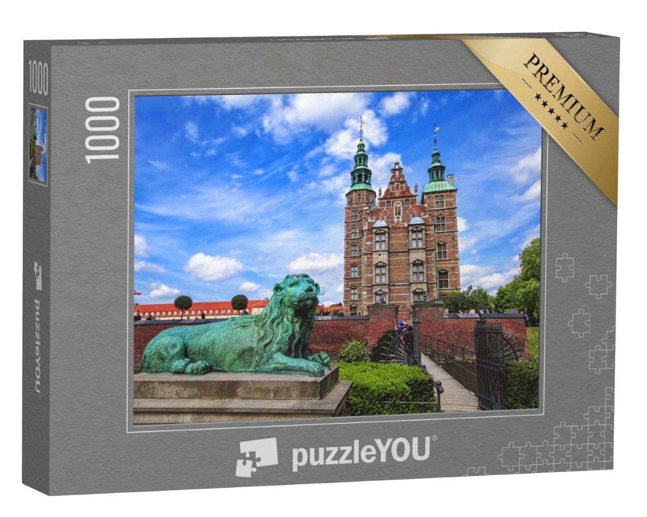 Puzzle de 1000 pièces « Sculpture du lion au château de Rosenborg sous un vaste ciel bleu »