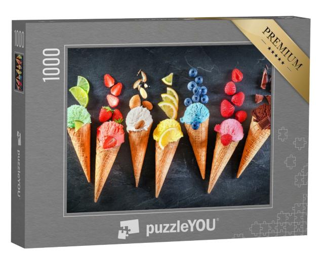 Puzzle de 1000 pièces « Glaces sucrées comme le chocolat, le citron, le citron vert, les amandes, les fraises, la vanille »