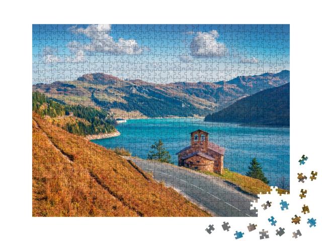 Puzzle de 1000 pièces « Vue d'automne sur le lac de Roselend, Auvergne-Rhône-Alpes »